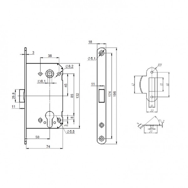 Корпус замка LM/PL85-50/BL SN (мат.никель)