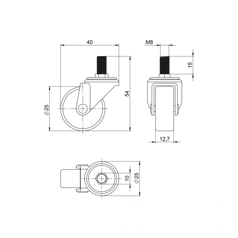 Опора колесная WL/P-25R/20 kg резина, с винтом М8