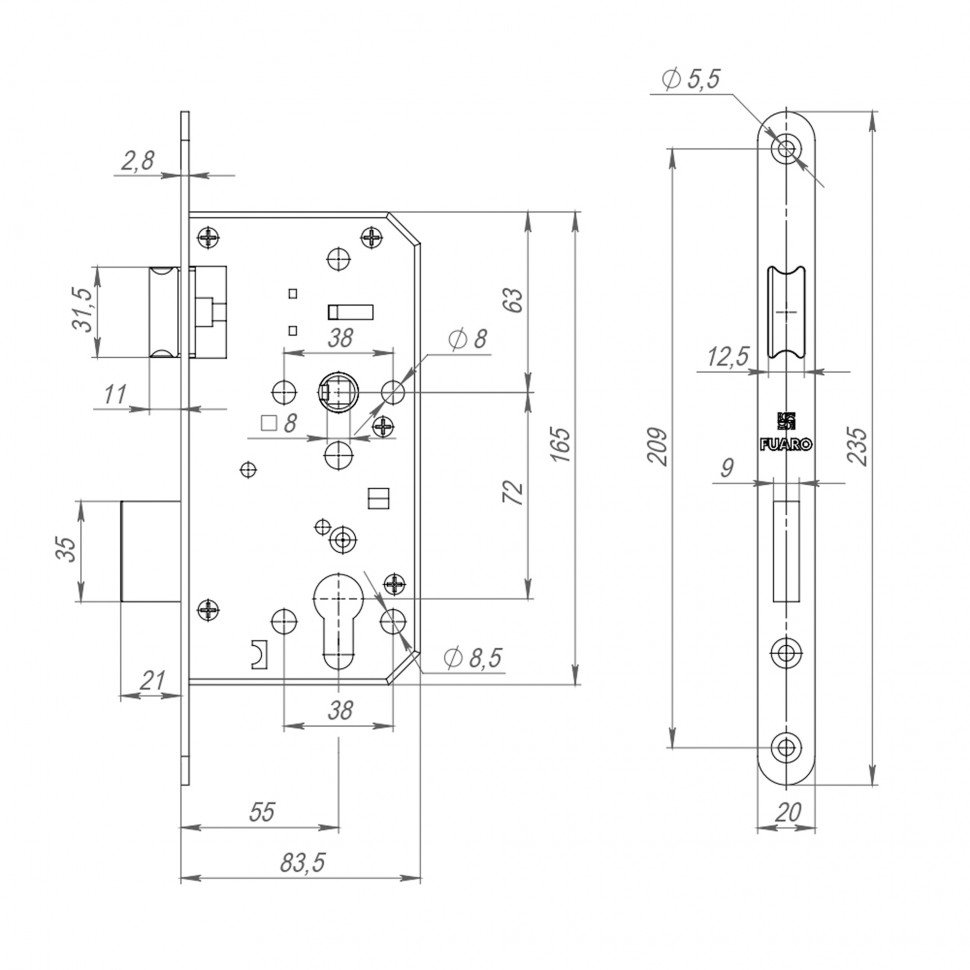 Замок врезной DD.INOX/C-55.72 (лиц.планка 20 мм)