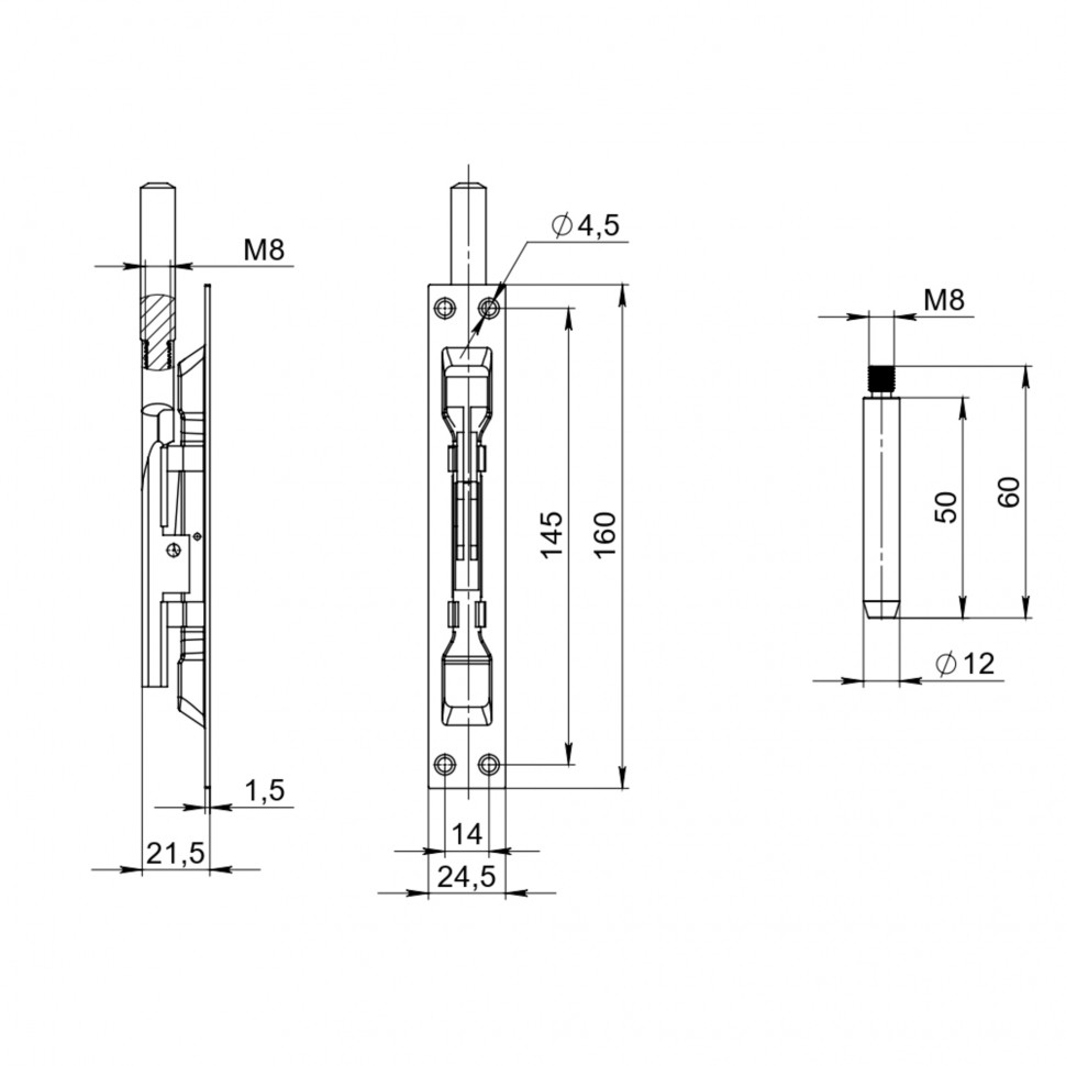 Задвижка торцевая RIGEL-set/160-210 D12x60mm в комплекте с ригелем
