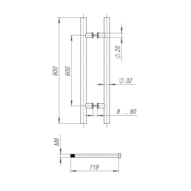 Ручка-скоба PULL.PH32/900.22 INOX 304 (PH-22-32/900-INOX) BLACK