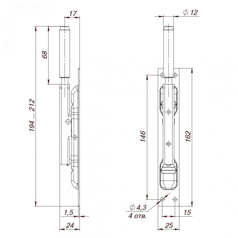 Задвижка торцевая RIGEL-set/160-210 D12x80mm в комплекте с ригелем