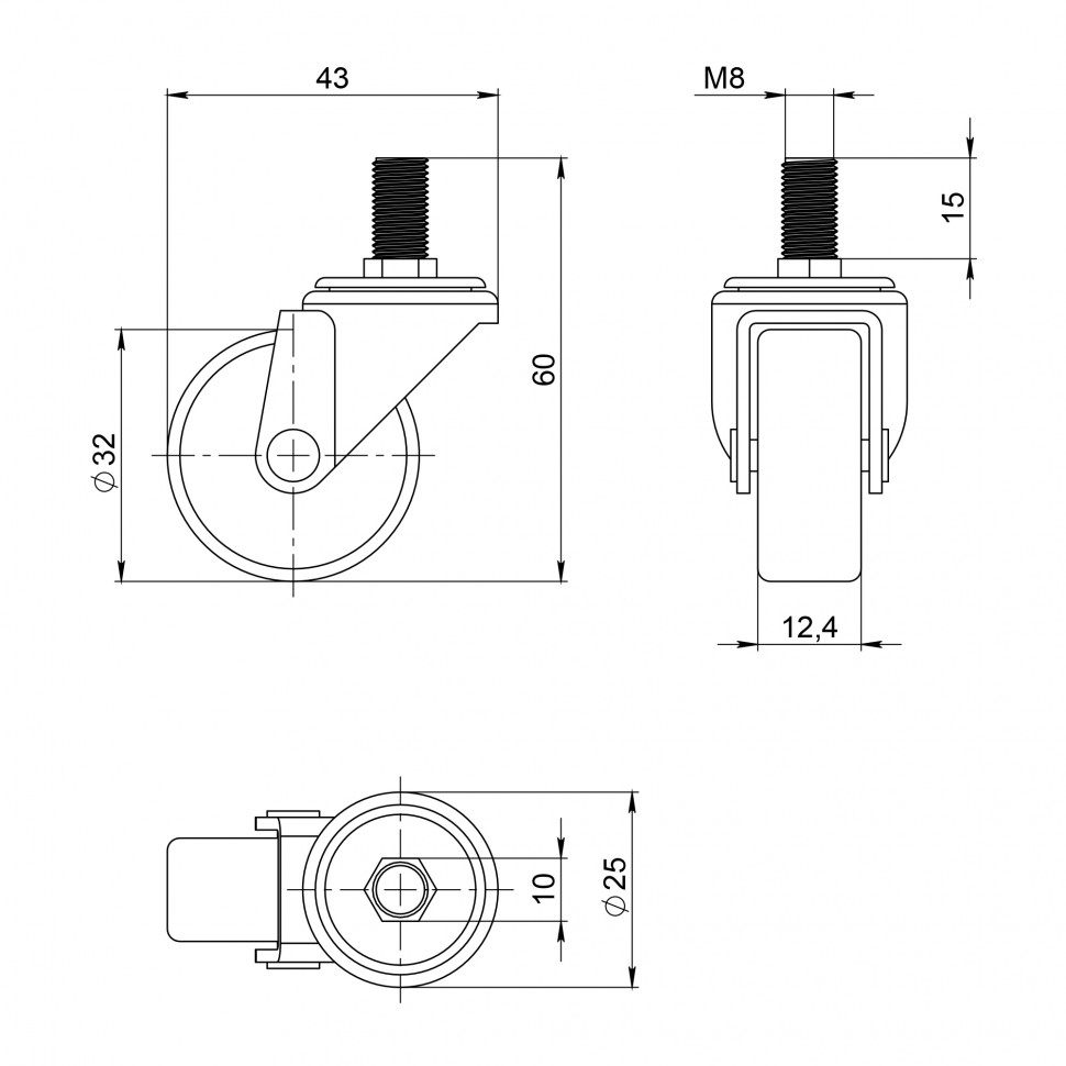 Опора колесная WL/P-30R/20 kg резина, с винтом М8