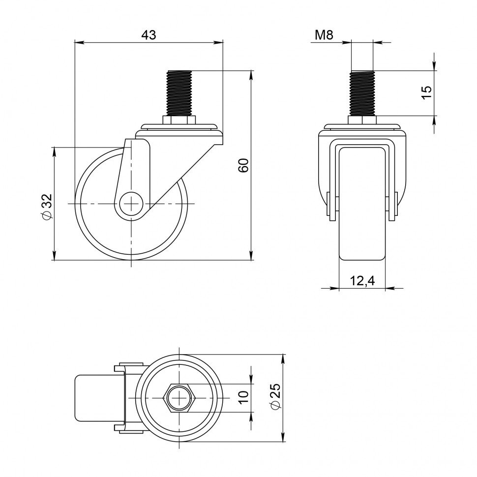 Опора колесная WL/P-30R/20 kg резина, с винтом М8