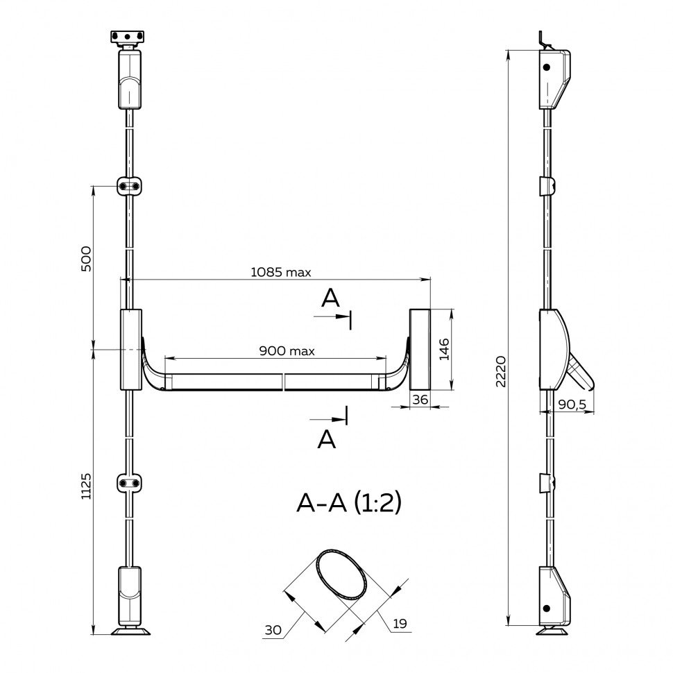 Ручка-штанга нажимная AP.1900C push-bar с тягами для двухстворчатых проф. дверей SL серебро
