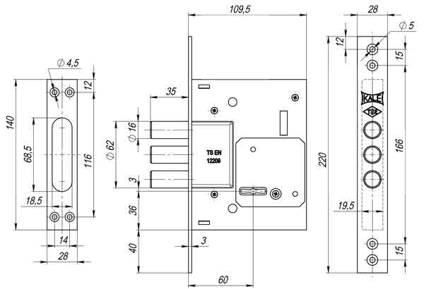 Замок врезной сувальдный 257/L (тех. комплектация), 4 кл. (кл. 60 мм)