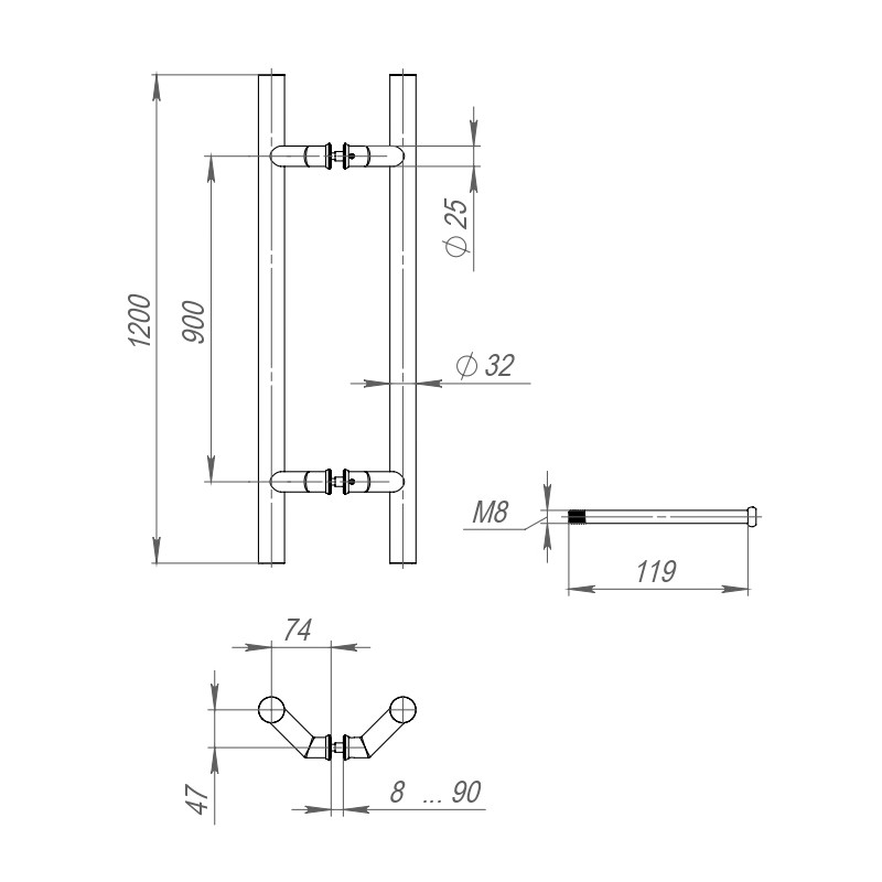 Ручка-скоба PULL.PH32/1200.45 INOX 304 (PH-45-32/1200-INOX)