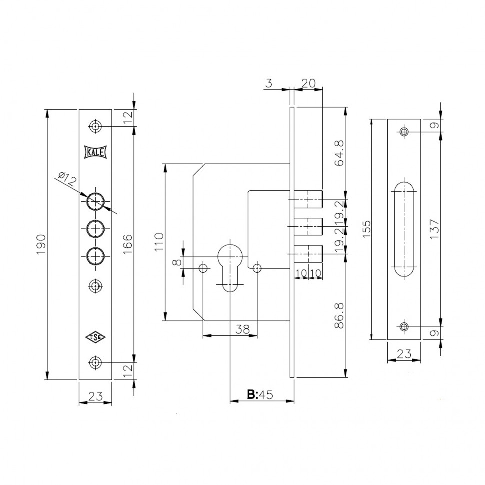 Корпус врезного замка 189/3M (45 mm) w/b (латунь)