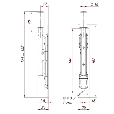 Задвижка торцевая RIGEL-set/160 D16x60mm (TDB set 160-24) в комплекте с ригелем