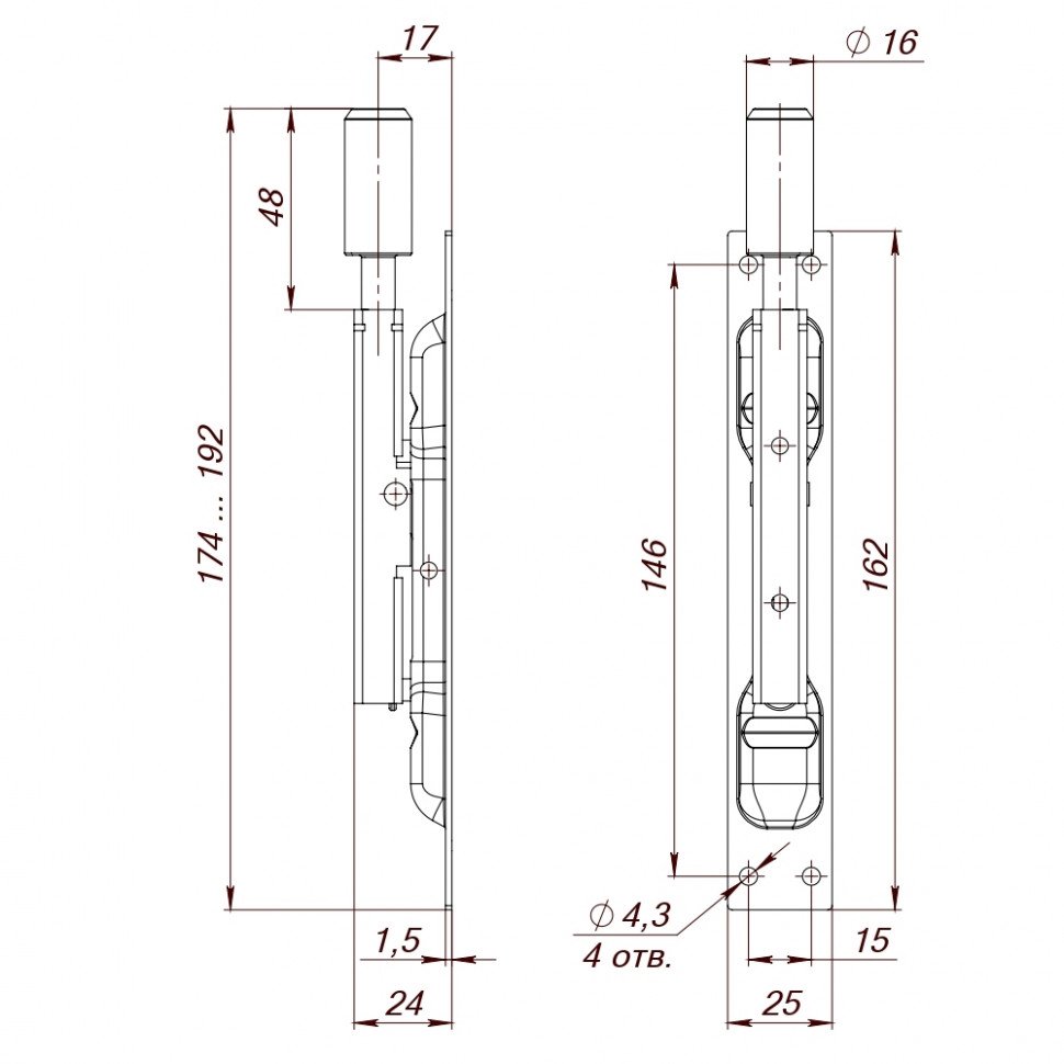 Задвижка торцевая RIGEL-set/160 D16x60mm (TDB set 160-24) в комплекте с ригелем