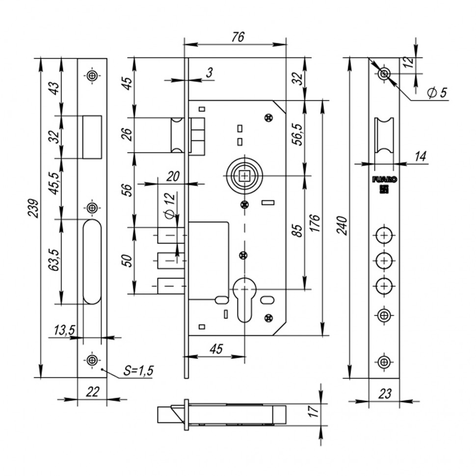 Корпус врезного замка с защёлкой DD900/C-45.85.3MR (900 3MR W/B) PB латунь