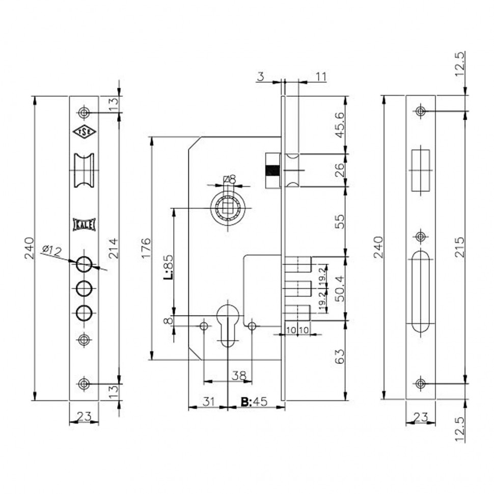 Корпус врезного замка с защёлкой 152/3MR (45 mm) w/b (латунь) (152R4500253)